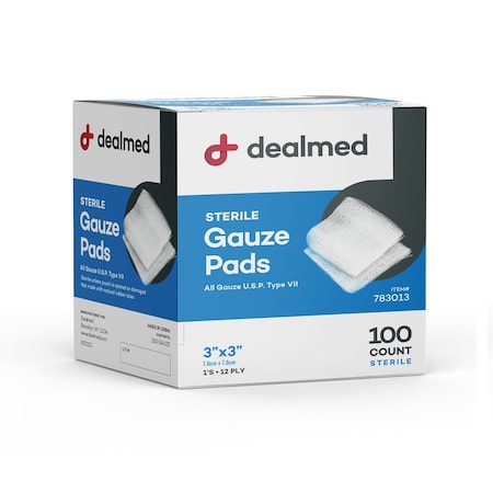 Dealmed Gauze Pads, Sterile 1'S, 3" X 3", 12 Ply, 100/Bx, 24/Cs, 2400PK 783013